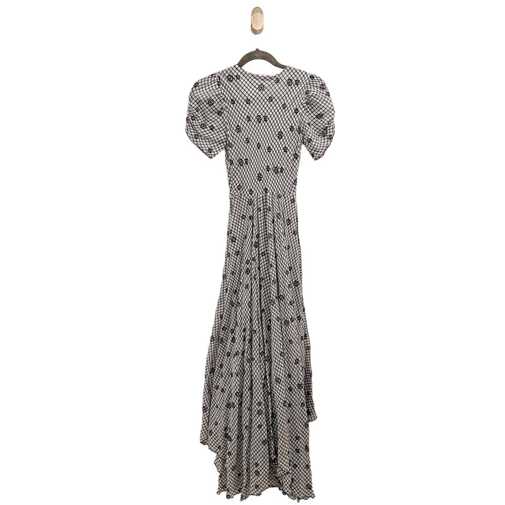 LoveShackFancy Coralie Puff Sleeve V Neck Midi Dress Charcoal Floral Plaid US 0 - Picture 8 of 12